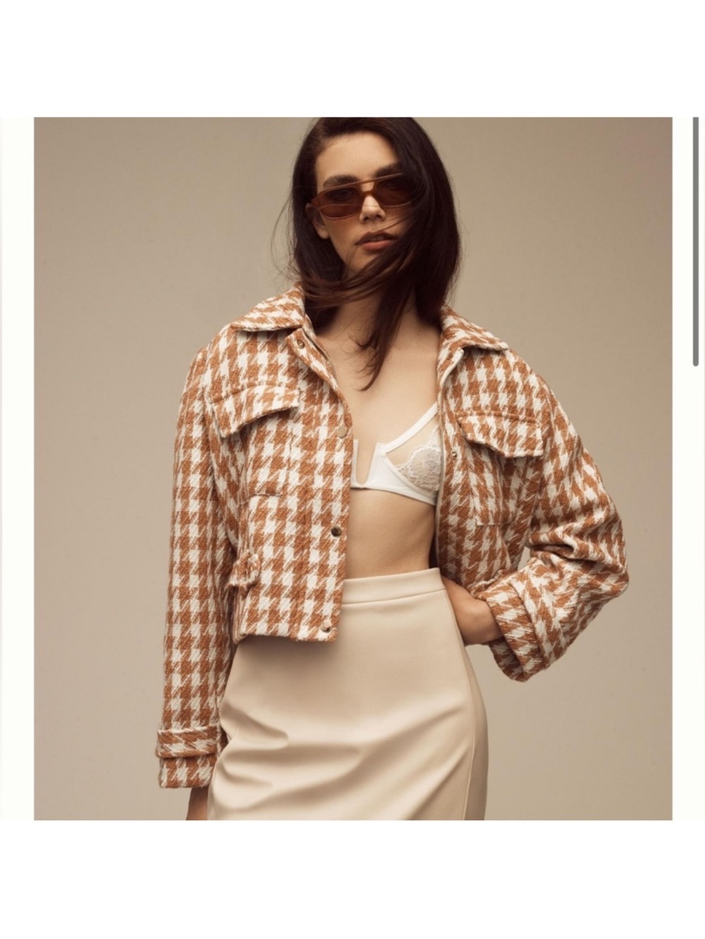 Bishop + Young Anthropologie Burnt Orange Tweed Houndstooth Moto Jacket